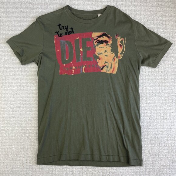 Diesel Y2k Vintage T Shirt Men L Green Grunge Punk Graphic ''Die for success'' - Picture 1 of 16